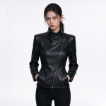 Women's Faux Leather Biker Jacket, Stand Collar Asymmetric Zipper Moto Coat