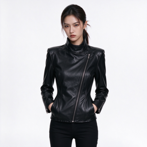 Women's Faux Leather Biker Jacket, Stand Collar Asymmetric Zipper Moto Coat