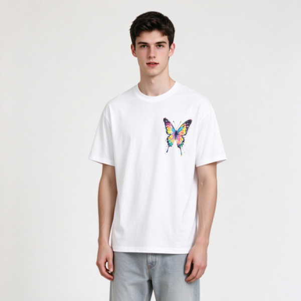 Men's Loose Pure Cotton T-Shirt, Back Butterfly Graffiti Print Crew Neck Short Sleeve