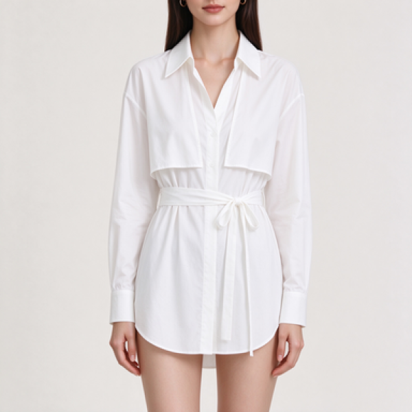Women's Belted Faux Two-Piece Lapel Long Sleeve Blouse